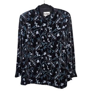 VTG Velvet Button‎ Up 20W Shirt Black Blue Silver Relaxed Fairy Floral Fairygoth
